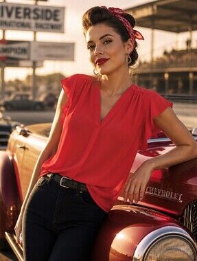 Cynthia Steffe Red V-Neck Flutter Sleeve Blouse